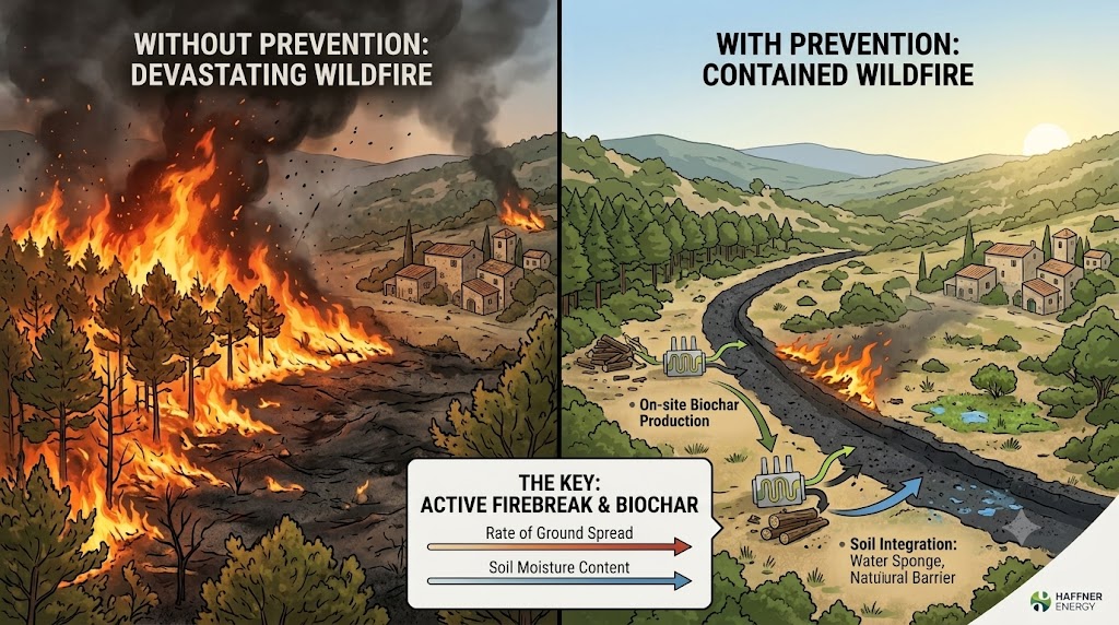 Biochar decarbonizes and acts as a firebreak
